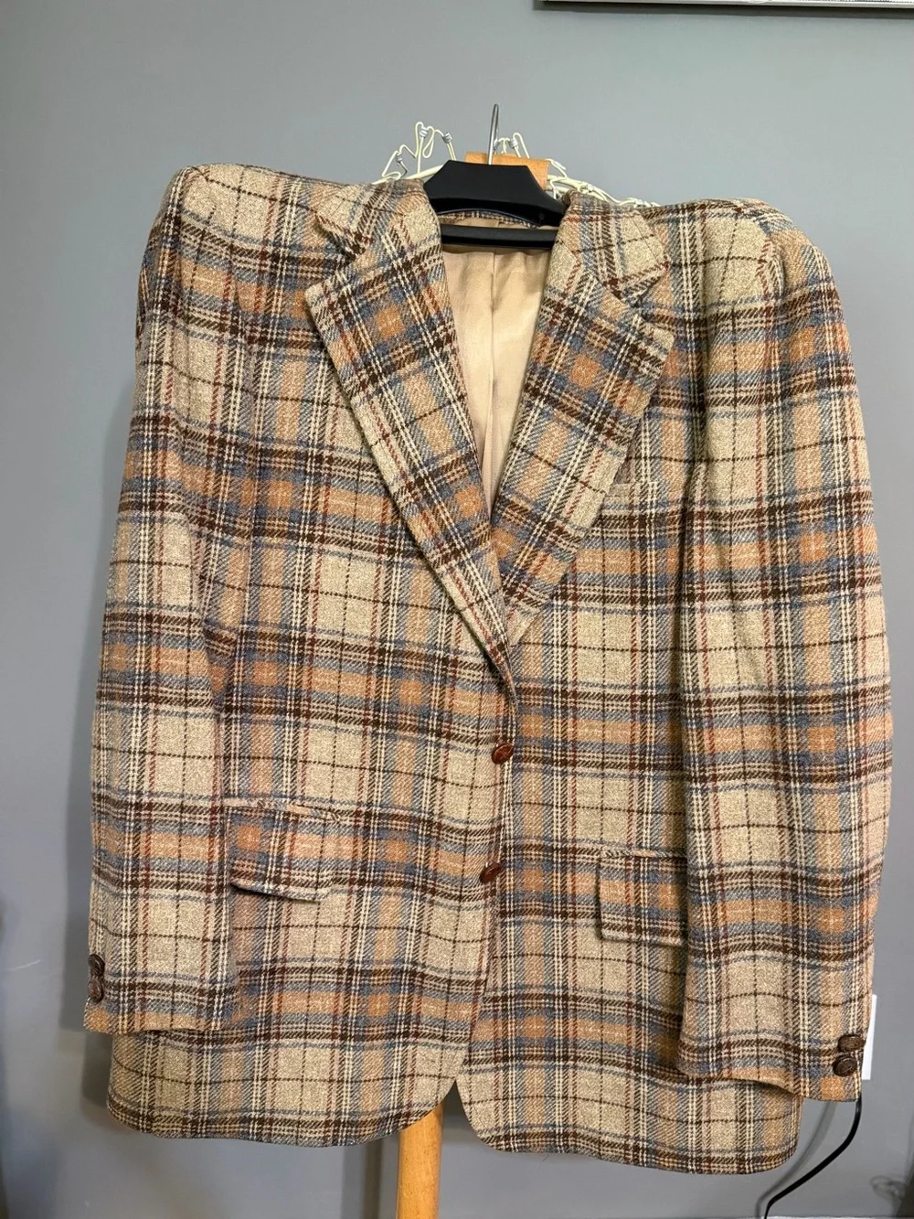Vintage Wool Tweed Blazer 46R Brown Blue Tan Windowpane Plaid Mens Sport Coat 33